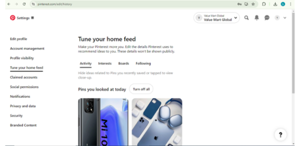 What's the way to check Pinterest history?